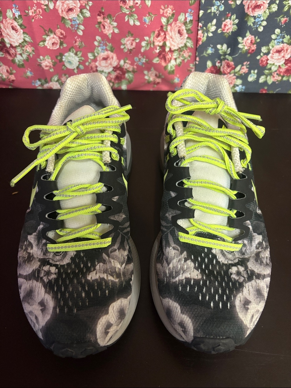 Women’s Nike Black Floral Running Shoes with Neon Yellow Laces